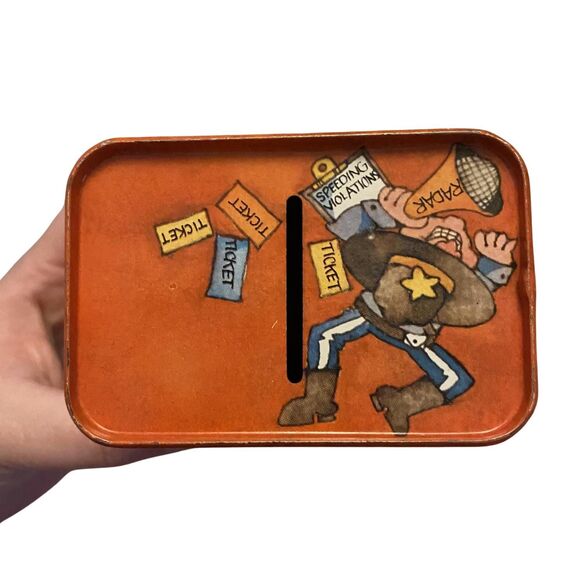 Vintage Hallmark Toll Booth Tin Bank, 70s Toll Booth Operator Graphics Coin Bank - Picture 3 of 9